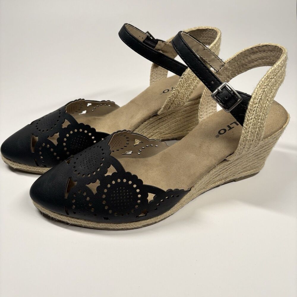 Rialto Coya Women's 8.5 M Black Laser Cut Espadrille Wedge Sandals Ankle Strap